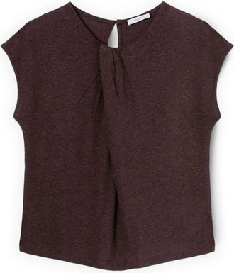 Motivi T-shirt van gemengd linnen met draperie - Dames - Blouses - Bruin - S - Linnen - Overhemden