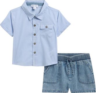 Splendid Beach Button-Up Shirt & Shorts Set in Navy Stripe at Nordstrom, Size 18-24M