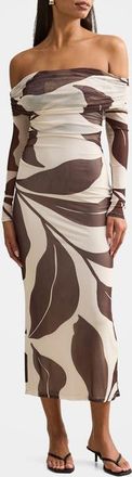 Ever New Minnie Long Sleeve Off the Shoulder Mesh Midi Dress in Liston Stencil at Nordstrom, Size 4