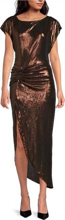 Elan Boat Neck Cap Sleeve Side Slit Ruched Midi Dress In Bronze
