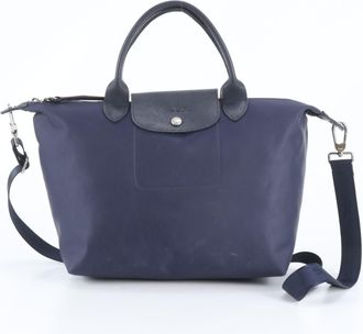 Longchamp Navy Leather Nylon Shoulder Bag Tote Bag (Pre-Owned)
