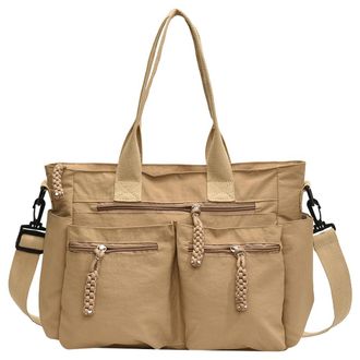 Generic Women Nylon Shoulder Bag with Multi Pockets Crossbody Bag with Zipper Solid Color Everything Tote Bag for Travel Work (Khaki)