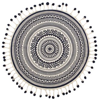 Beliani Beliani - Alfombra De Sal&oacute;n De Algod&oacute;n Crema Con Borlas Redondas &Oslash; 120 Cm Crema Azul Marino Tatvan