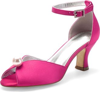 Generic Low Heels Wedding Open Toe Kitten Heel Sandals Heels Wedding Shoes Bridal Shoes Satin Prom Party Dress High Heel 6.5Cm,Rose red,10 UK