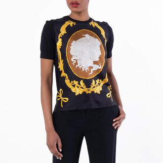 Versace Cameo Silk-Foulard Wool Knit Top, Brand Size 44 ( US Size 8 )