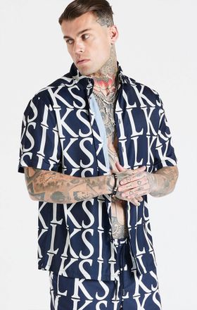 Siksilk Camisa de resort de estampado de repetici&oacute;n de la marina XL