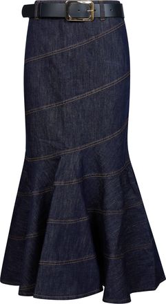 Self Portrait Indigo Denim Belted Midi Skirt