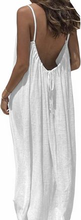 Generic Backless Cami Dress for Women, Summer Casual Sleeveless Spaghetti Strap Flowy Long Sundress Beach Vacation Dress (White,S)