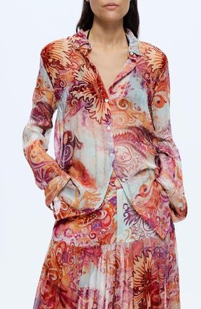 Desigual Embroidered Stripe Button-Up Top in Pink at Nordstrom, Size X-Large