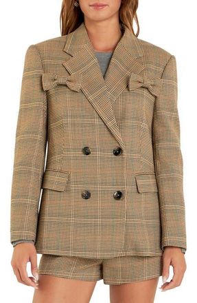 English Factory Glen Check Bow Detail Double Breasted Blazer in Brown at Nordstrom, Size Medium