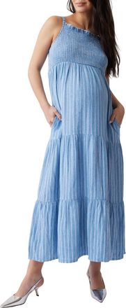 Ingrid & Isabel Smocked Linen Blend Maternity Maxi Dress in Blue/White Stripe at Nordstrom, Size X-Large