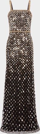 Jenny Packham Juliette Sequined Crystal Sleeveless Column Gown