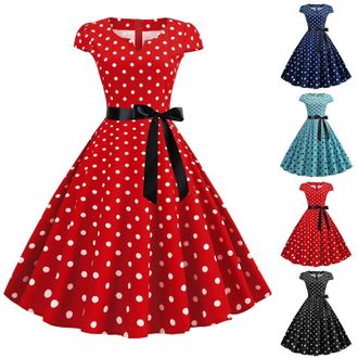 Generic Polka Dot Dress for Women, 50s Audrey Hepburn Style Short Sleeves Swing Rockabilly Dress V Neck Club Cocktail Dresses with Belt Stretchy High Waist Fl