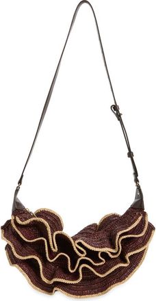 Zimmermann Goldentime Ruffle Woven Raffia Shoulder Bag in Chocolate at Nordstrom