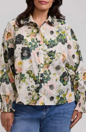 Foxcroft Vivienne Bouquet Cotton Poplin Button-Up Shirt in White/multi at Nordstrom, Size 1X