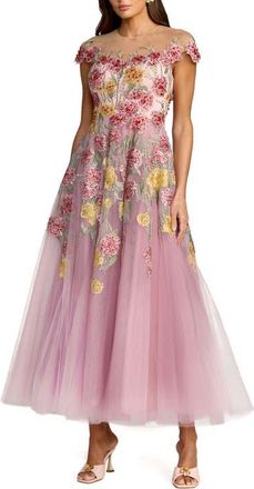 Mac Duggal Embroidered Mesh Illusion Neck Cap Sleeve Dress in Mauve Multi at Nordstrom, Size 14