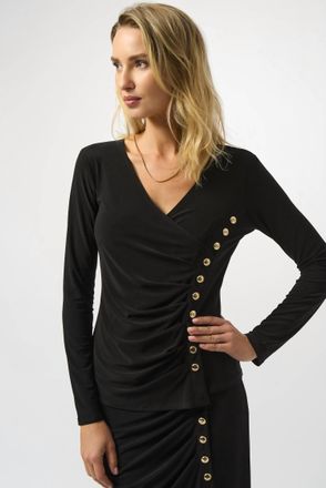 Joseph Ribkoff Button Closure V-Neck Top In Black