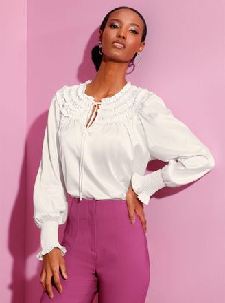 Cr&eacute;ation L Satinbluse CREATION L, Damen, Gr. 36, beige (ecru), 97% Polyester, 3% Elasthan, unifarben, Rundhals, Blusen Satinbluse