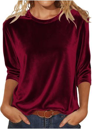 Generic Womens Velvet Tops Casual Loose 3/4 Sleeve Sweatshirts Crew Neck Vintage Blouse Longline Party Tunic Top Cozy Soft T Shirts Warm Jumper Sweater Ladies