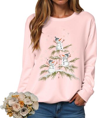 Generic Christmas Sweatshirts Women UK Xmas Top Ladies Merry Christmas Tree and Snowflake Printed Top Crewneck Long Sleeve Loose Fit Funny Reindeer Xmas Jumpe