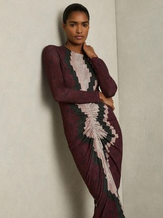 Reiss Womens Burgundy & Cream Printed Jersey Ruched Dress, Size: 16