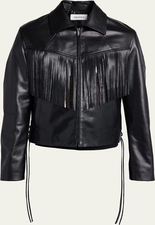 Alexander McQueen Mens Western Fringe-Trim Leather Jacket