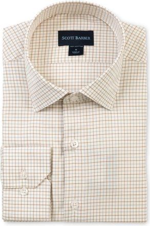 Scott Barber Regular Fit Tattersall Cotton Twill Button-Up Shirt in Winter White at Nordstrom, Size Xx-Large