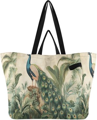 Generic Peacock Tropical Plants Beige pattern Reusable Canvas Tote Bag, Heavy Duty Grocery Shopping Bag with Double Handles Large Capacity Hard Bottom Work Gr