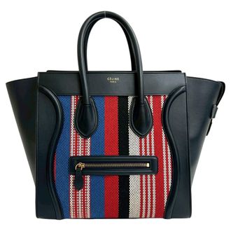 Celine Blue Navy Red Color White Canvas Leather Handbag Tote Bag (Pre-Owned)