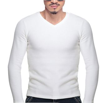 Generic Thermal Tops for Men Regular Fit Warm Undershirt Winter Men Plus Fleece Warm Top Solid Color V Neck Long Sleeve Base Shirt for Home Indoor Outdoor Hal