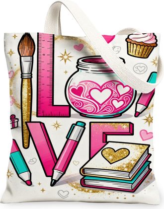 Generic Art Supplies Canvas Tote Bags, Colorful Design Love Pattern Reusable Shopping Bags, Innovative Stylish Lightweight Washable, White, 13x15 Inch