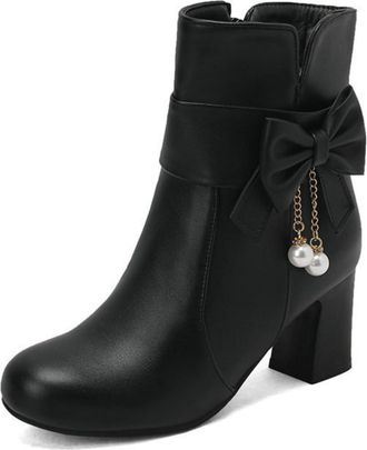 Generic Womens Ankle Boots with Bow Detail & Pearl Charms - Chunky Heel, Sweet Design for casual and Semi-Formal Occasions,Black,7.5 UK