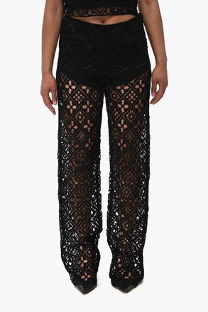 Off-white Pantaloni Palazzo in Misto Cotone Crochet con Zip Laterale Off-White