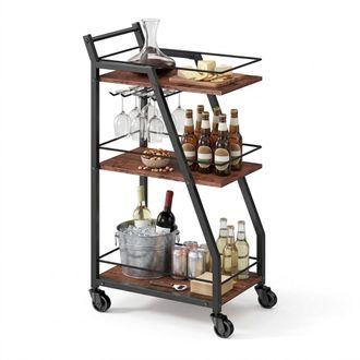 Relaxdays Carro De Cocina Relaxdays, 3 Niveles, Portacopas, Estilo Industrial, Con Ruedas 83&times;39&times;29 Cm (al X An X Pr), Marr&oacute;n/negro