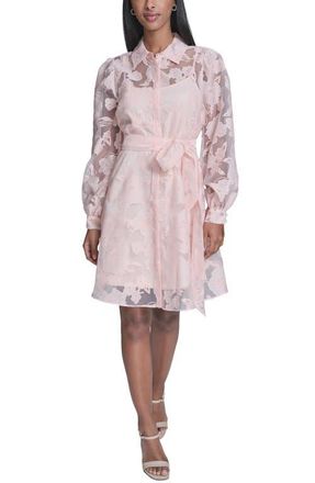 Karl Lagerfeld Long Sleeve Floral Organza Shirtdress in Pearl Blush at Nordstrom, Size 16