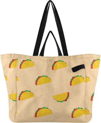 Generic Tacos Beige print Reusable Canvas Tote Bag, Heavy Duty Grocery Shopping Bag with Large Capacity Hard Bottom Double Handles Work Groceries Travel