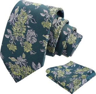 Alizeal Mens Retro Floral Necktie and Hanky Business Wedding Tie and Pocket Square Set, Dark Green+Mint