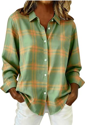 Generic Womens Checked Shirt Long Sleeve Button Down Flannel Blouse Loose Casual Tops Classic Check Design Soft Comfortable Daily Wear Ladies Plaid Shirts for