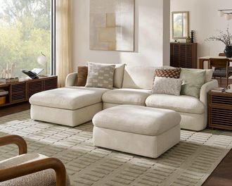 Castlery Ollie Storage Chaise Sectional Sofa Left Facing with Ottoman, Ivory, Removable Covers, Gaslift Storage for Living Room