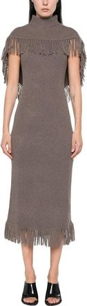 SIMKHAI Kleedjes, Dames, Bruin, S, Wol, Jordan Knit Fringe Midi Jurk