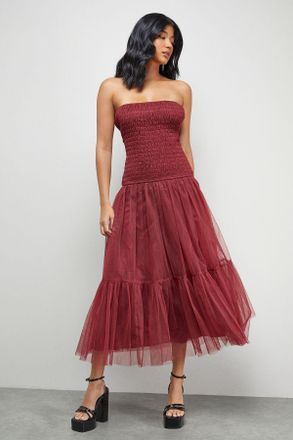 Warehouse Womens Bandeau Sheering Tulle Maxi Dress - Wine - Size 16 UK