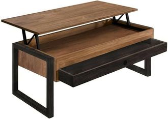 HOGAR 24 Mesa Centro Elevable Cajon Deslizante Madera Maciza Color Encerado Y Negro, Pata Cuadrada