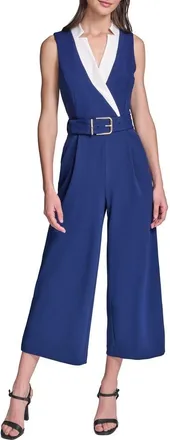 Karl Lagerfeld Belted Scuba Crepe Jumpsuit in Maritime/soft White at Nordstrom, Size 12