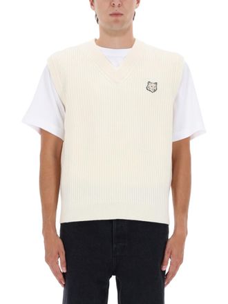 Maison Kitsun&eacute; Beige Knitted V Neck Sweater