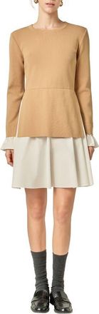English Factory Combo Knit & Poplin Dress in Tan/White at Nordstrom, Size X-Small