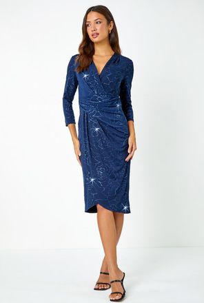 Roman Floral Glitter Print Wrap Stretch Dress
