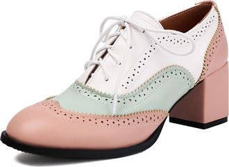 Generic Womens Patent Leather Vintage Brogues Mid Block Heel Oxfords Dress Shoes Lace-Up Casual Shoes,Pink,2.5 UK