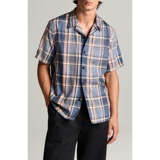Vince Prine Plaid Short Sleeve Button Front Shirt in Prussian Blue Combo at Nordstrom, Size Xx-Large