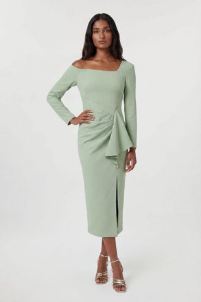 Karen Millen Womens Petite Compact Stretch Asymmetric Neckline Draped Midi Dress - Green - Size 12 UK