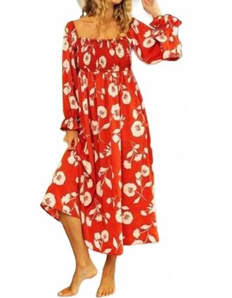 Bibi Floral Moss Crepe Smocked Dress In Red
